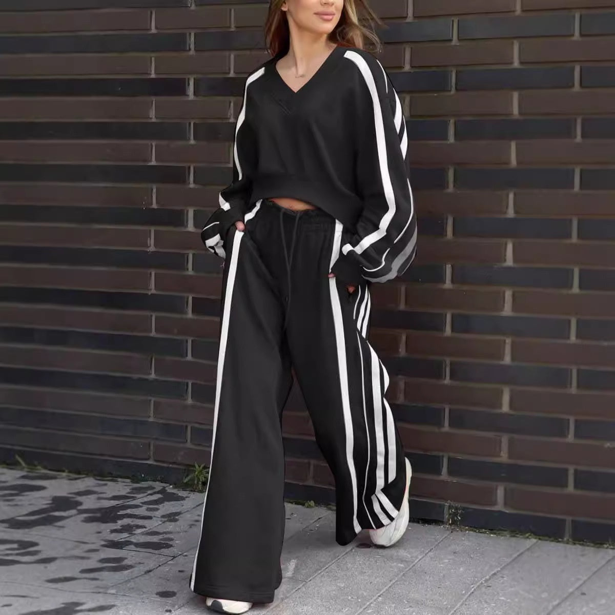 🔥2025 HOT SALE🔥 V-Neck Sweatshirt & Wide-Leg Pants (2-Piece Set)