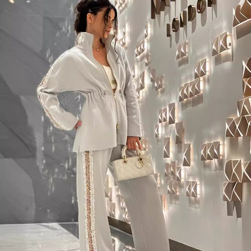🌸Spring Specials🌸 Women's Elegant Sequin-Trimmed Top and Wide-Leg Pants (2-piece set)