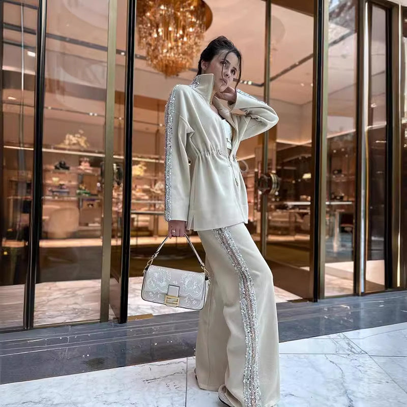 🌸Spring Specials🌸 Women's Elegant Sequin-Trimmed Top and Wide-Leg Pants (2-piece set)