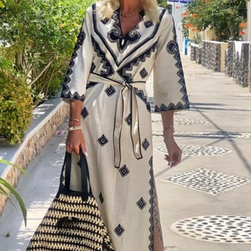 🌸seasonal sale🌸 Women's Ethnic Geometric Print V-Neck Boho Dress with Belt