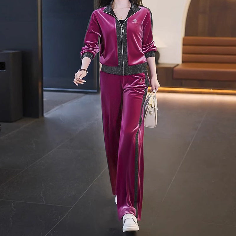 🔥HOT SALE🔥 Women's Velvet-Like Contrast Color 2-Piece Tracksuit