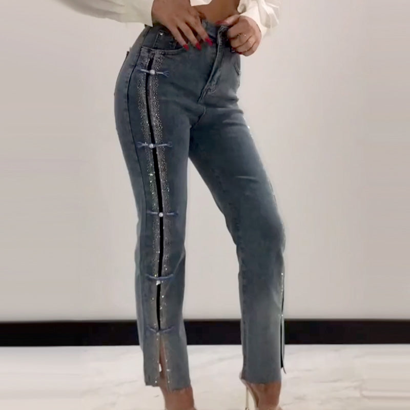 🔥2025 HOT SALE👖Women's Jeans With Shiny Rhinestones And Chic Slit✨