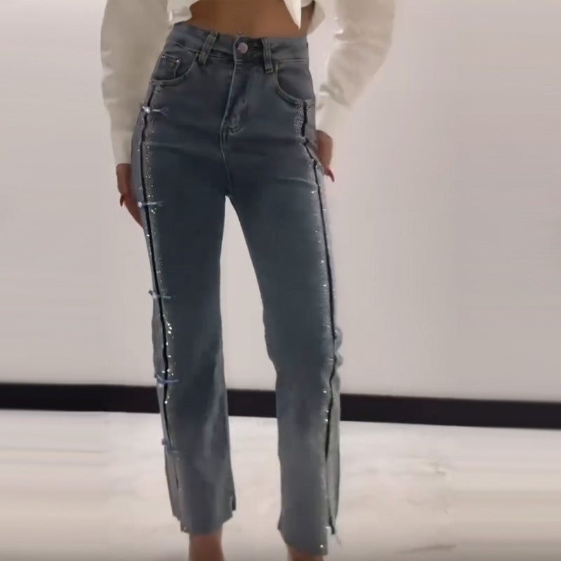 🔥2025 HOT SALE👖Women's Jeans With Shiny Rhinestones And Chic Slit✨