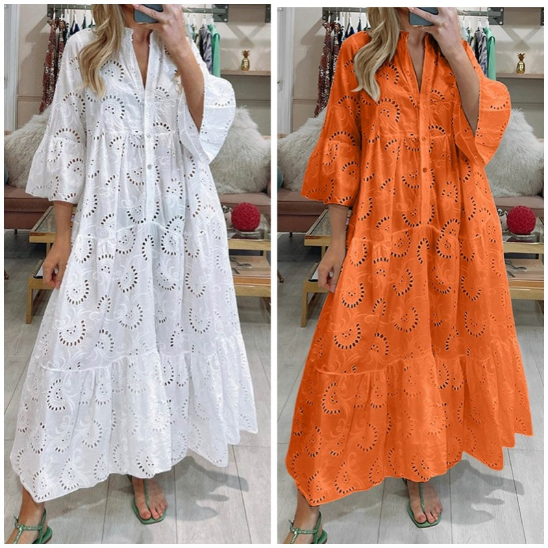 🌸Spring Specials💐 Women’s Elegant V Neck Eyelet Flowy Long Dress