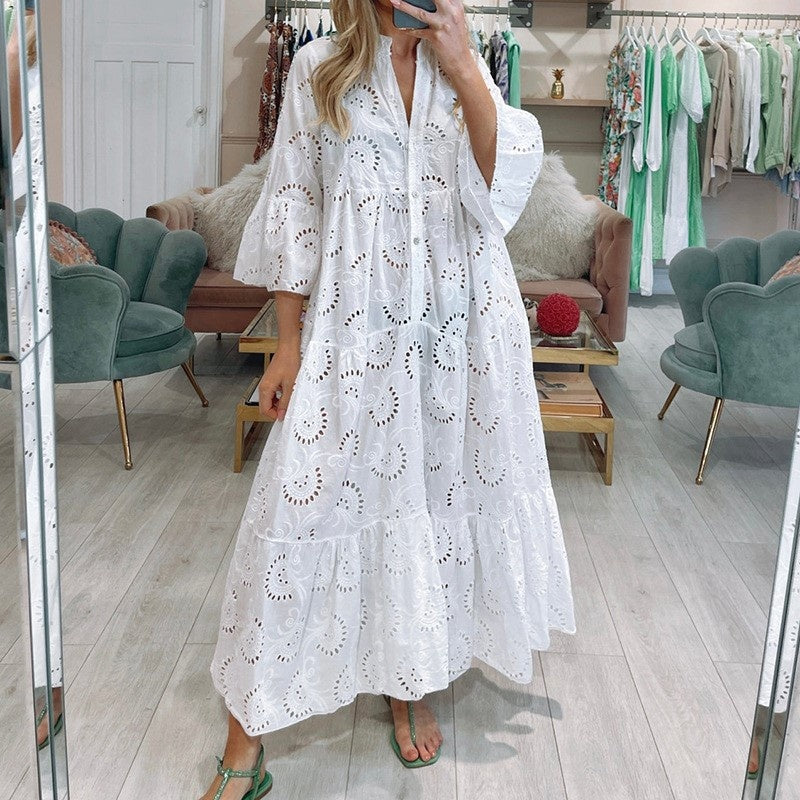 🌸Spring Specials💐 Women’s Elegant V Neck Eyelet Flowy Long Dress