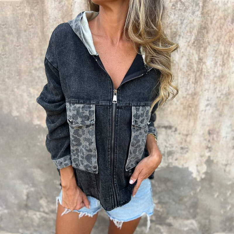 🌸Spring Specials🌸 Women's Hooded Zip-Up Denim Jacket with Leopard Print