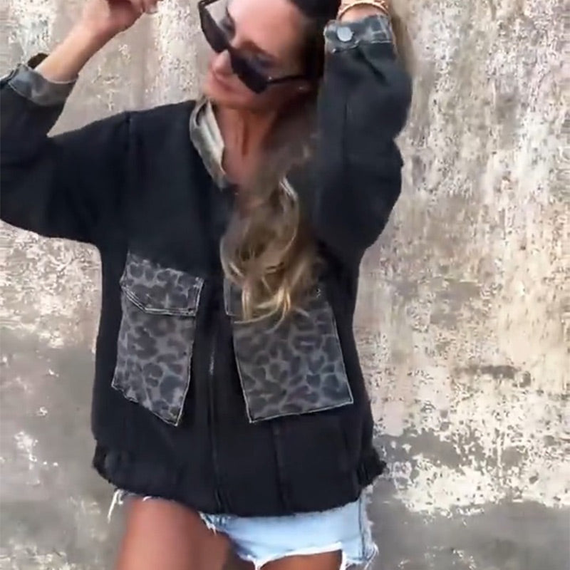🌸Spring Specials🌸 Women's Hooded Zip-Up Denim Jacket with Leopard Print