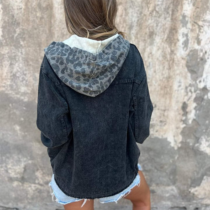 🌸Spring Specials🌸 Women's Hooded Zip-Up Denim Jacket with Leopard Print