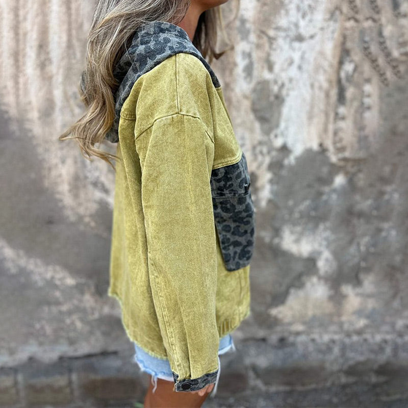 🌸Spring Specials🌸 Women's Hooded Zip-Up Denim Jacket with Leopard Print