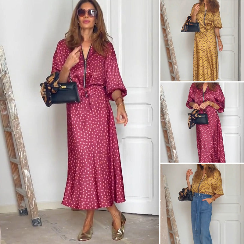 🌸Spring Specials🌸 Women's 2-Piece Polka Dot Outfit Zip-Up Top & Midi Skirt
