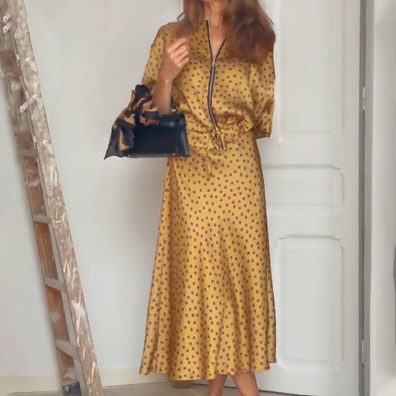 🌸Spring Specials🌸 Women's 2-Piece Polka Dot Outfit Zip-Up Top & Midi Skirt