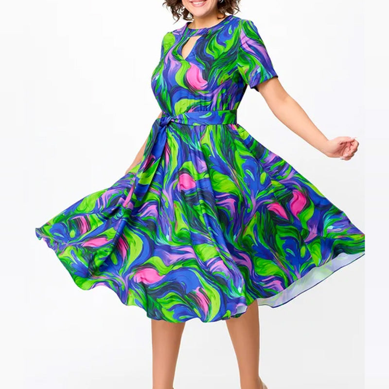 🌸Spring Specials💐 Women's Short Sleeve Waisted Printed Midi Dress