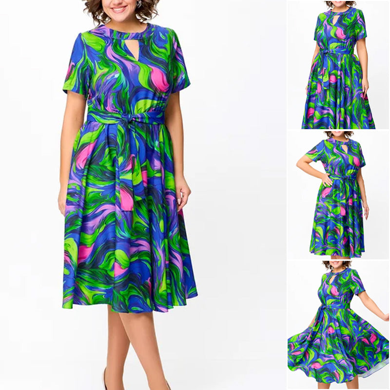 🌸Spring Specials💐 Women's Short Sleeve Waisted Printed Midi Dress