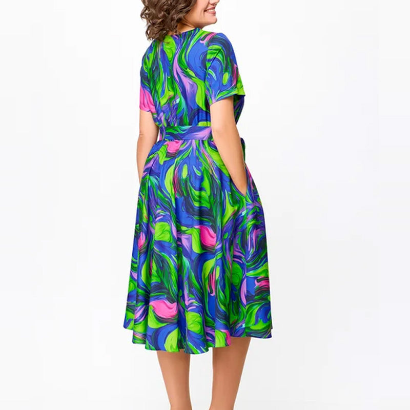 🌸Spring Specials💐 Women's Short Sleeve Waisted Printed Midi Dress