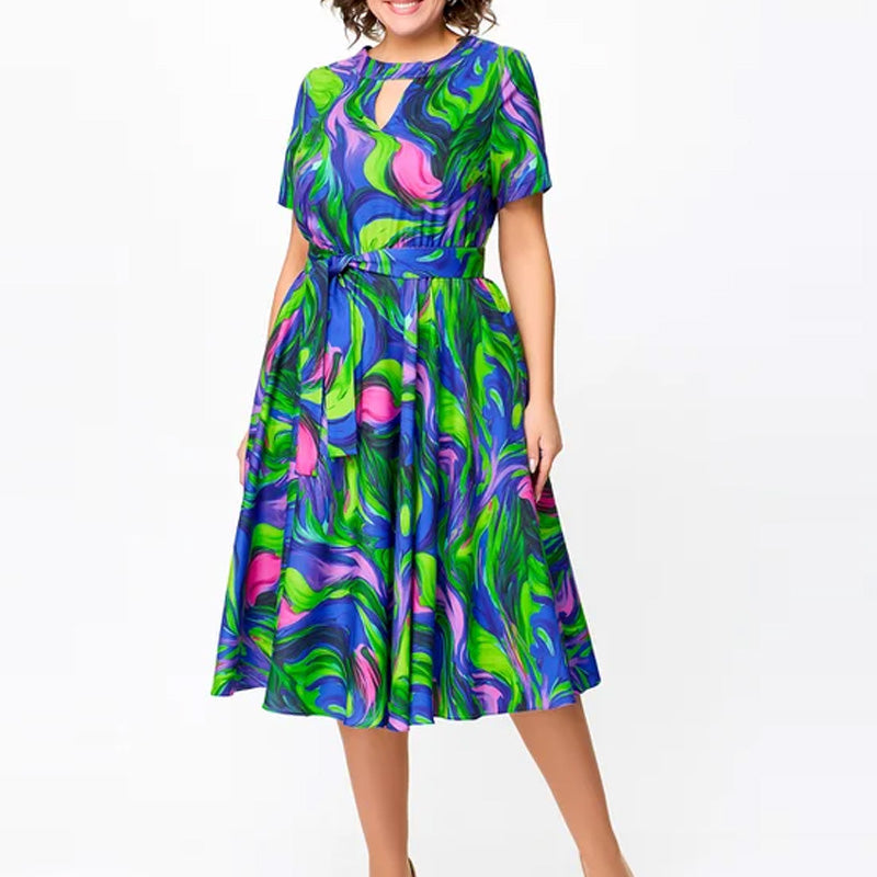 🌸Spring Specials💐 Women's Short Sleeve Waisted Printed Midi Dress