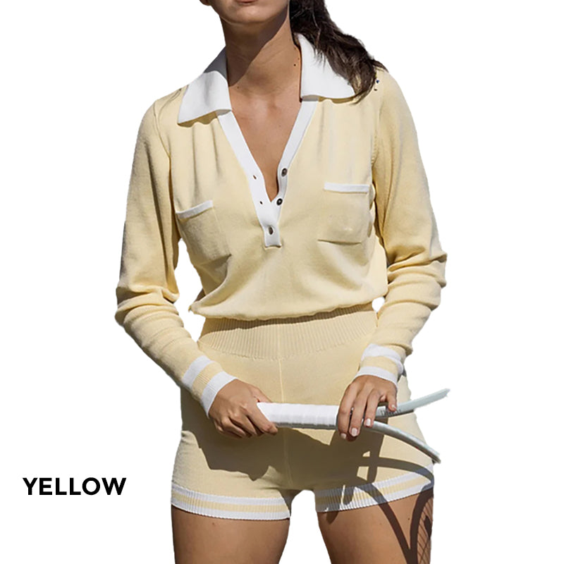 🌸Spring Specials💐 Fashion Long Sleeve Knit V-Neck Short Jumpsuit