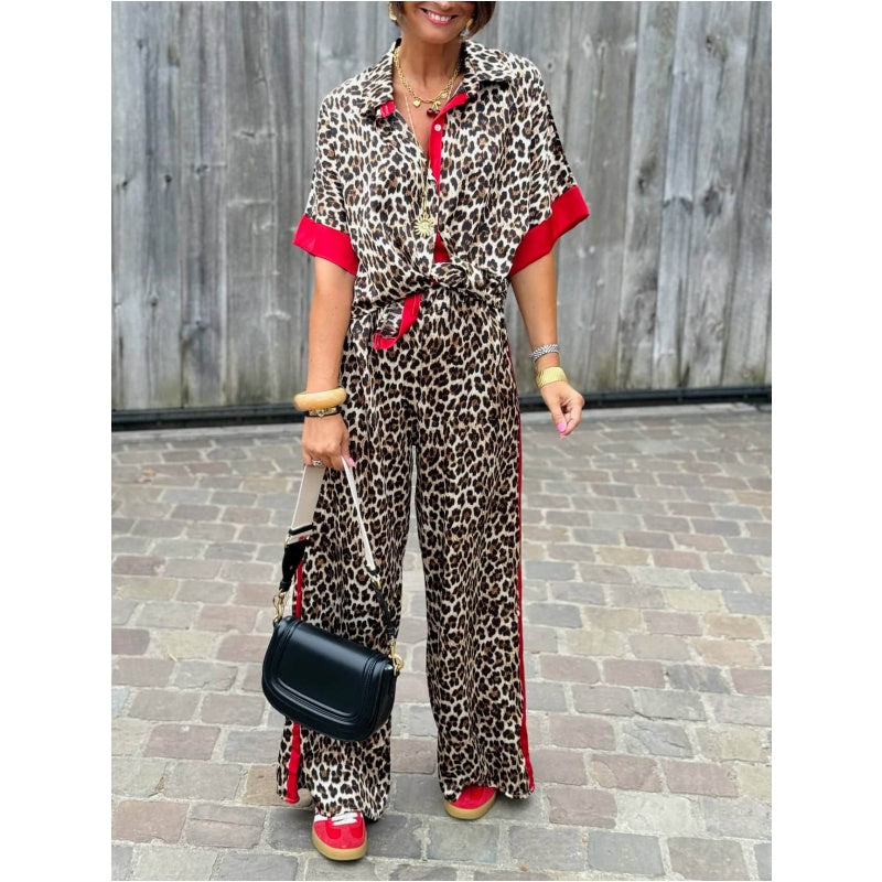 🌸Spring Specials💐 Women's 2-Piece Leopard Print Outfit Button-Down Shirt & Wide-Leg Pants