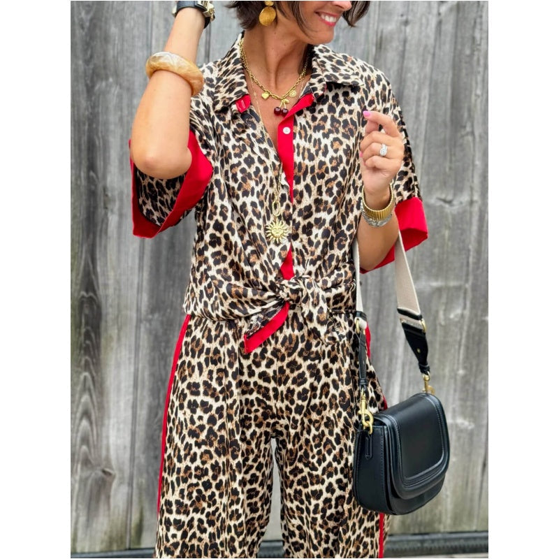 🌸Spring Specials💐 Women's 2-Piece Leopard Print Outfit Button-Down Shirt & Wide-Leg Pants