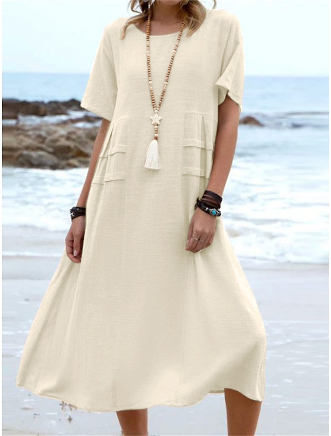 🌸Spring Specials💐 Women's Round Neck Cotton Linen Midi Dress