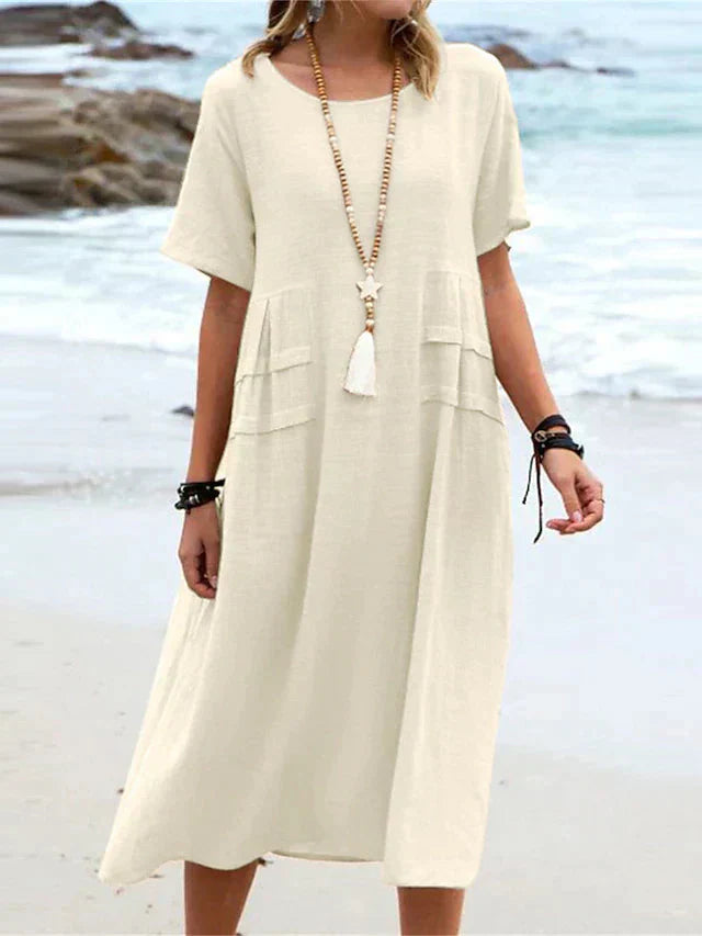 🌸Spring Specials💐 Women's Round Neck Cotton Linen Midi Dress