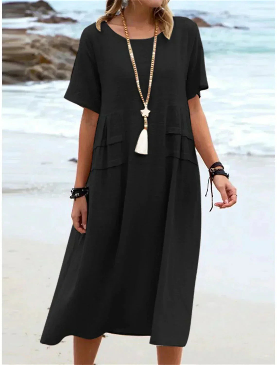 🌸Spring Specials💐 Women's Round Neck Cotton Linen Midi Dress