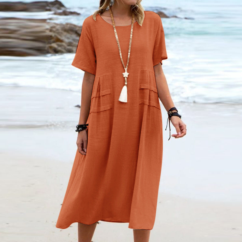 🌸Spring Specials💐 Women's Round Neck Cotton Linen Midi Dress