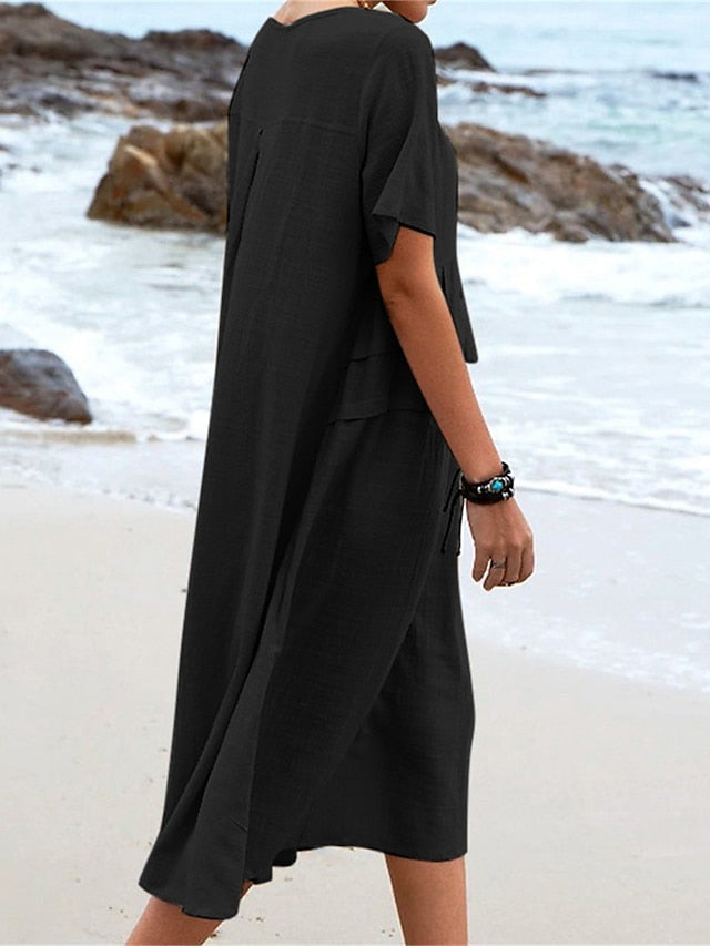 🌸Spring Specials💐 Women's Round Neck Cotton Linen Midi Dress