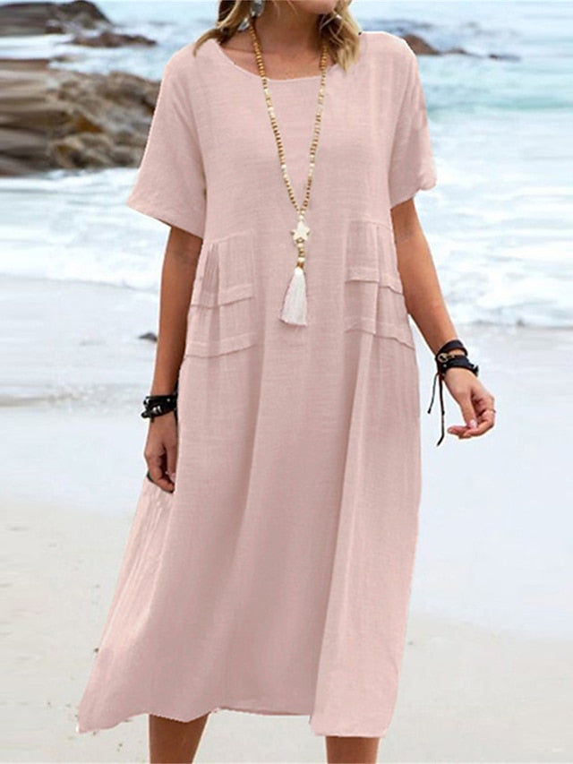 🌸Spring Specials💐 Women's Round Neck Cotton Linen Midi Dress