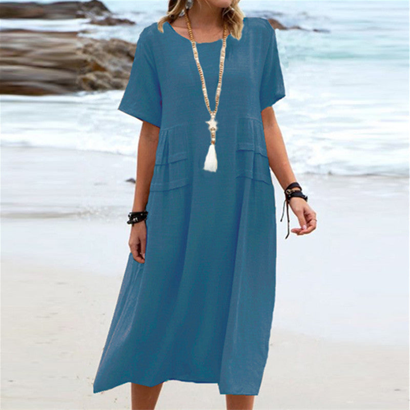 🌸Spring Specials💐 Women's Round Neck Cotton Linen Midi Dress