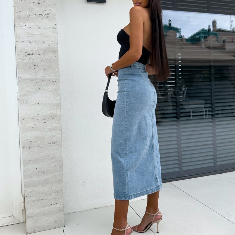🌸Spring Specials💐 Stylish Button Closure Split Denim Bodycon Skirt