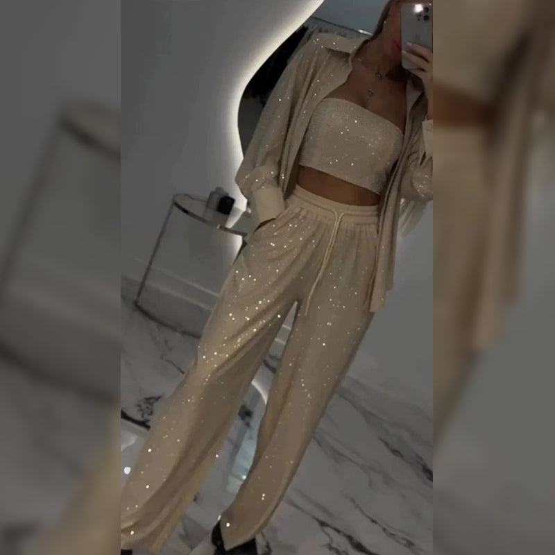 ⏳Time-limited Special⏰Women's Sequin Blazer & Wide-Leg Pants (3-Piece Set)