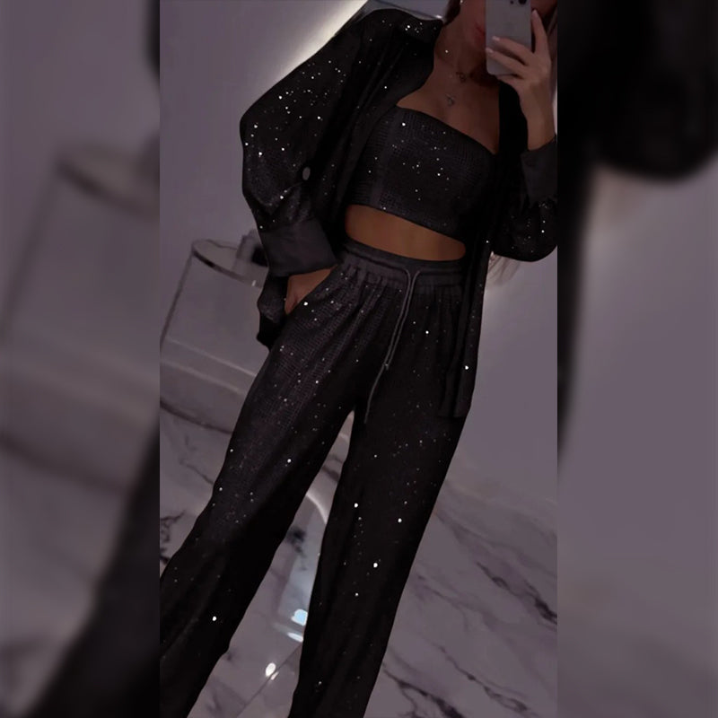 ⏳Time-limited Special⏰Women's Sequin Blazer & Wide-Leg Pants (3-Piece Set)