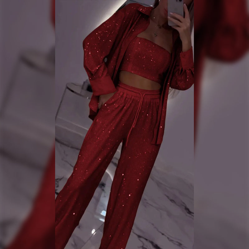 ⏳Time-limited Special⏰Women's Sequin Blazer & Wide-Leg Pants (3-Piece Set)