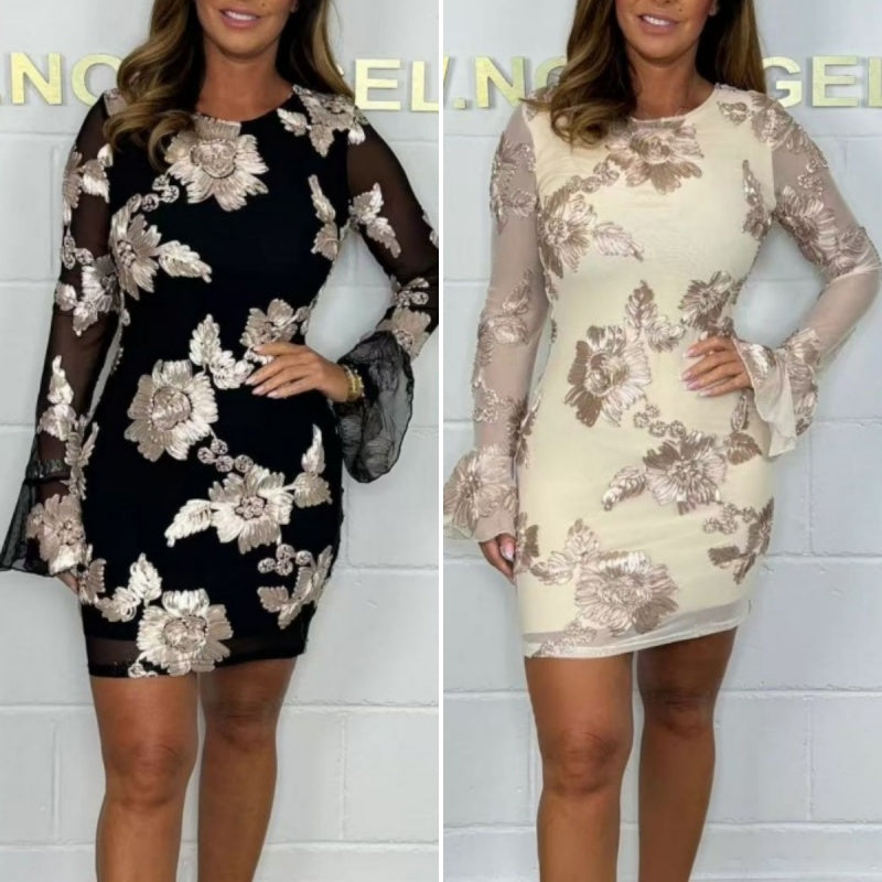 🌸Spring Specials💐 Women's Elegant Floral Embroidered Bell Sleeves Bodycon Dress