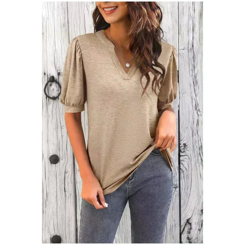 🌴Summer Specials🌴Women's V-Neck Casual Puff Short Sleeve Top Elegant T-Shirt