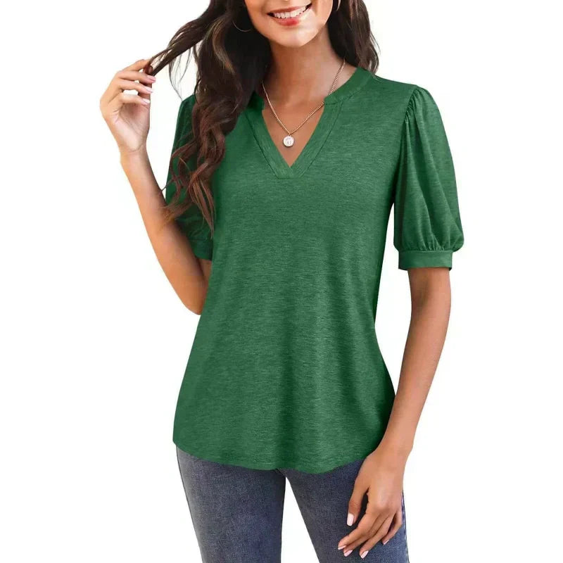 🌴Summer Specials🌴Women's V-Neck Casual Puff Short Sleeve Top Elegant T-Shirt