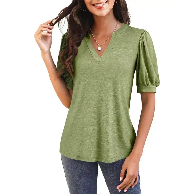 🌴Summer Specials🌴Women's V-Neck Casual Puff Short Sleeve Top Elegant T-Shirt