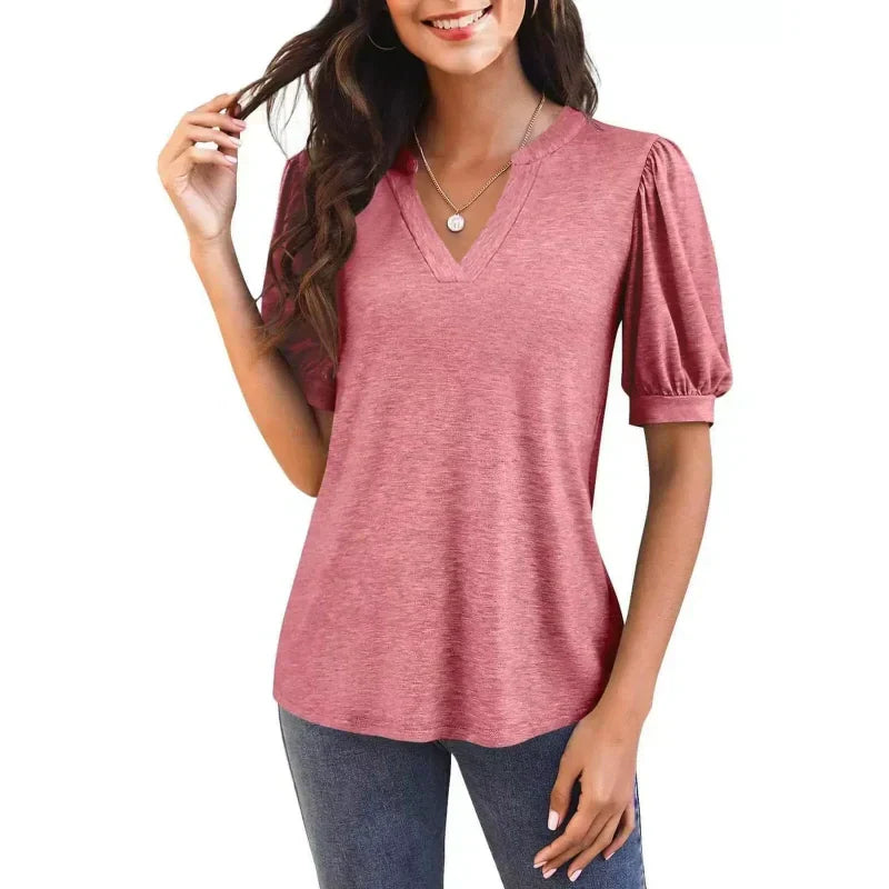 🌴Summer Specials🌴Women's V-Neck Casual Puff Short Sleeve Top Elegant T-Shirt