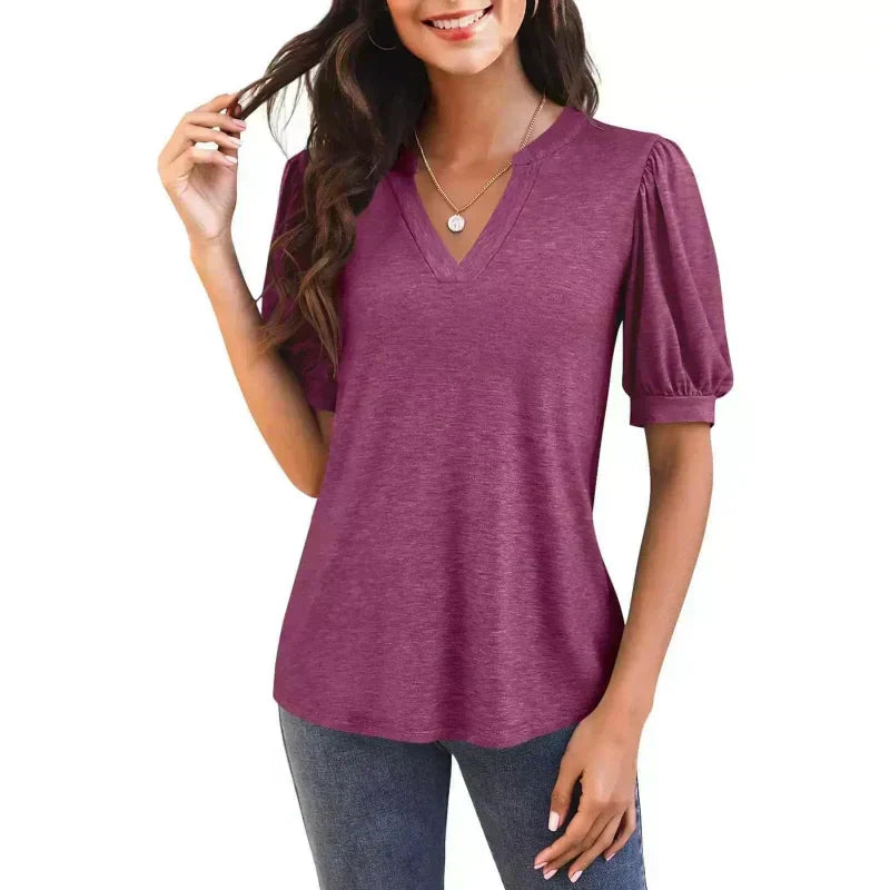 🌴Summer Specials🌴Women's V-Neck Casual Puff Short Sleeve Top Elegant T-Shirt