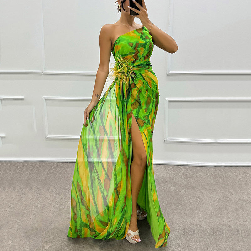 🌸Spring Specials💐 Women's Vibrant One-Shoulder High-Slit Maxi Dress