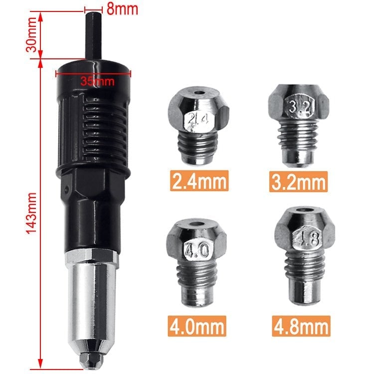 💯 Professional Rivet Gun Adapter Kit with 4Pcs Different Matching Nozzle Bolts