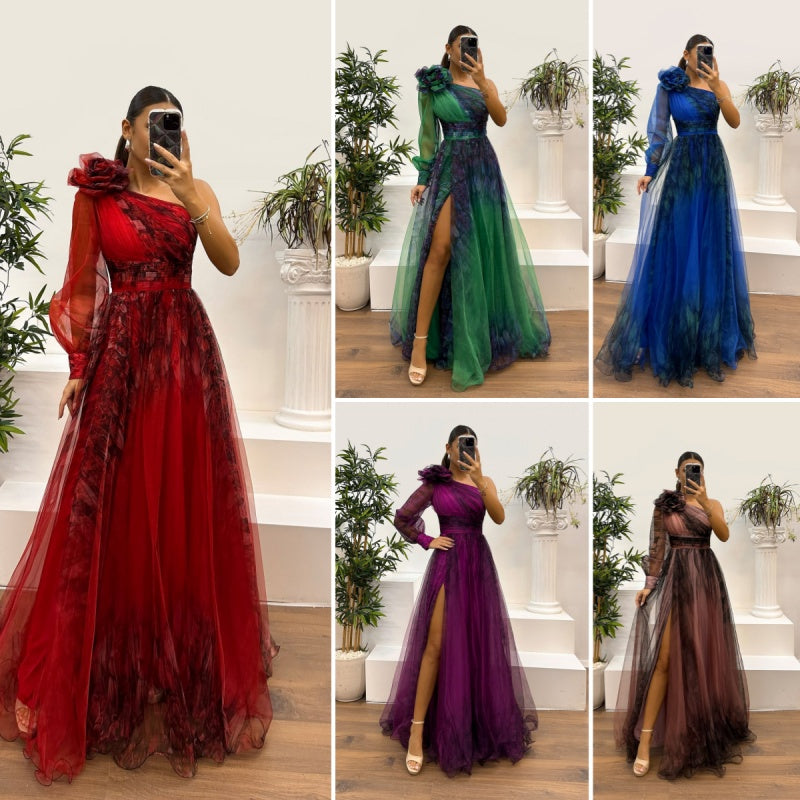 🌸Spring Specials💐 Women's Fashion Slant Shoulder Mesh Printed Dresses