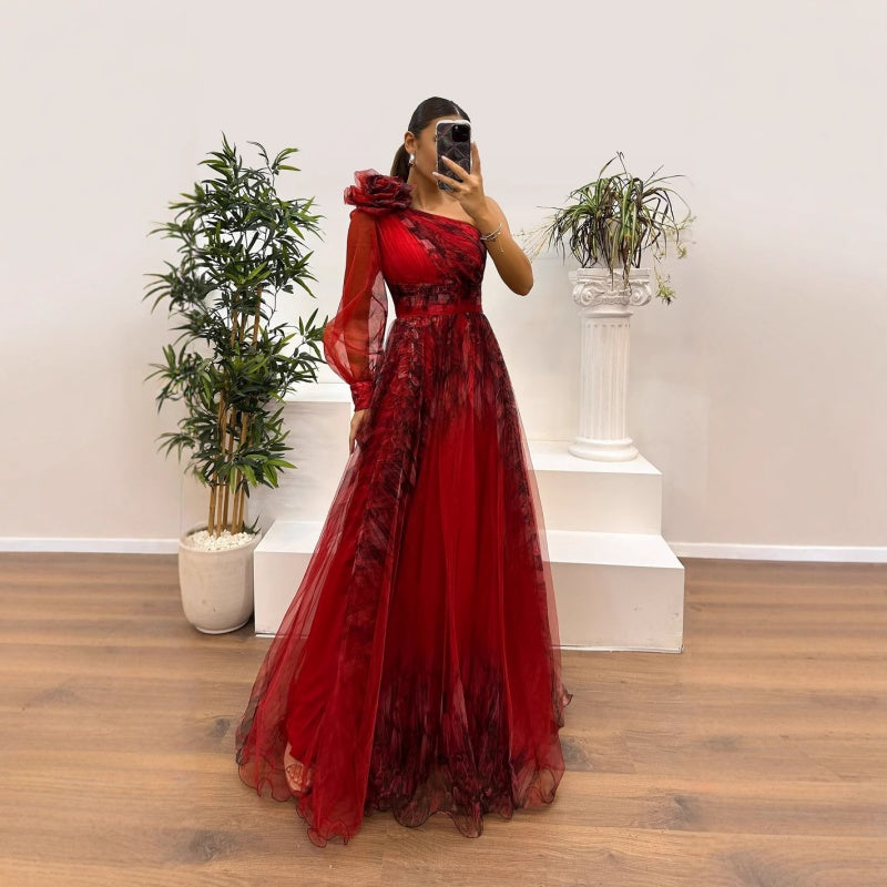 🌸Spring Specials💐 Women's Fashion Slant Shoulder Mesh Printed Dresses