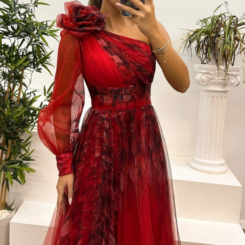 🌸Spring Specials💐 Women's Fashion Slant Shoulder Mesh Printed Dresses