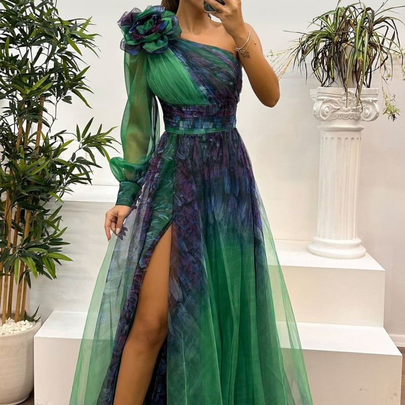 🌸Spring Specials💐 Women's Fashion Slant Shoulder Mesh Printed Dresses