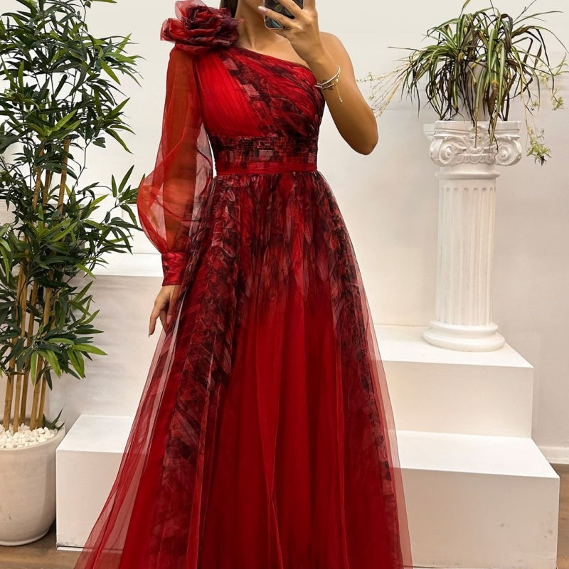 🌸Spring Specials💐 Women's Fashion Slant Shoulder Mesh Printed Dresses