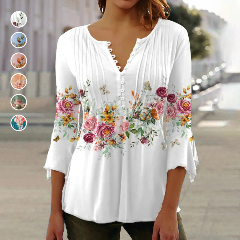 ⏳Time-limited Special⏰Women's Floral Button V-Neck Pleated 3/4 Sleeve T-Shirt