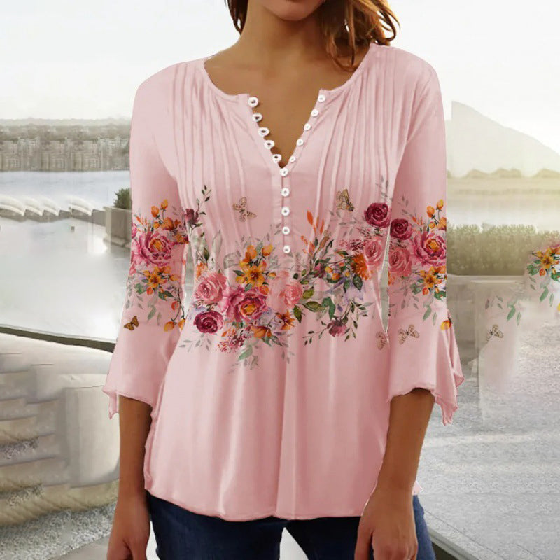 ⏳Time-limited Special⏰Women's Floral Button V-Neck Pleated 3/4 Sleeve T-Shirt