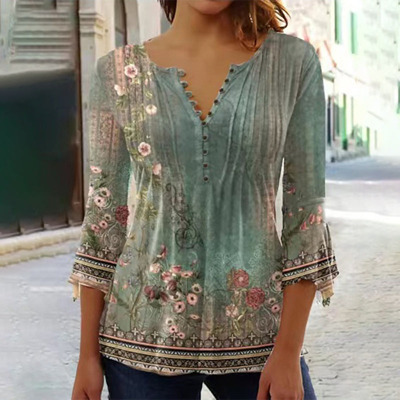 ⏳Time-limited Special⏰Women's Floral Button V-Neck Pleated 3/4 Sleeve T-Shirt