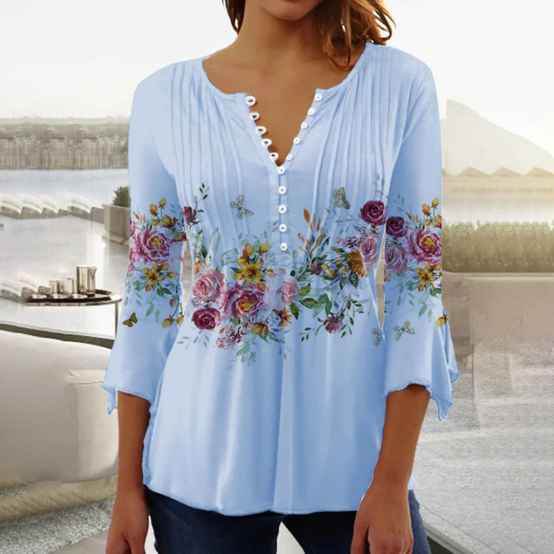 ⏳Time-limited Special⏰Women's Floral Button V-Neck Pleated 3/4 Sleeve T-Shirt